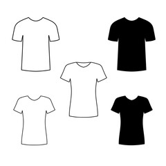 Front views of blank male and female t-shirt. Black silhouette of T-shirt with short sleeves. Vector illustration isolated on white background