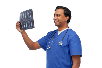 medicine, radiology and healthcare concept - happy smiling indian doctor or male nurse in blue...