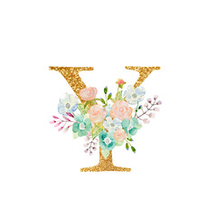 Watercolor floral bouquet and alphabet - gold letter Y with flowers composition. Gold alphabet letter on white background.