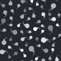 Grey Bomb ready to explode icon isolated seamless pattern on black background. Vector