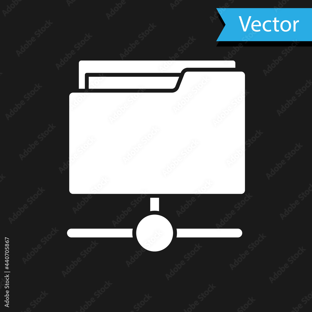 Poster white ftp folder icon isolated on black background. software update, transfer protocol, router, team