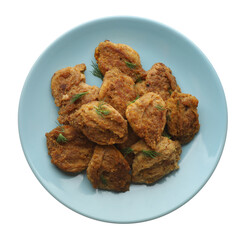 Delicious cooked soy meat with dill on white background, top view
