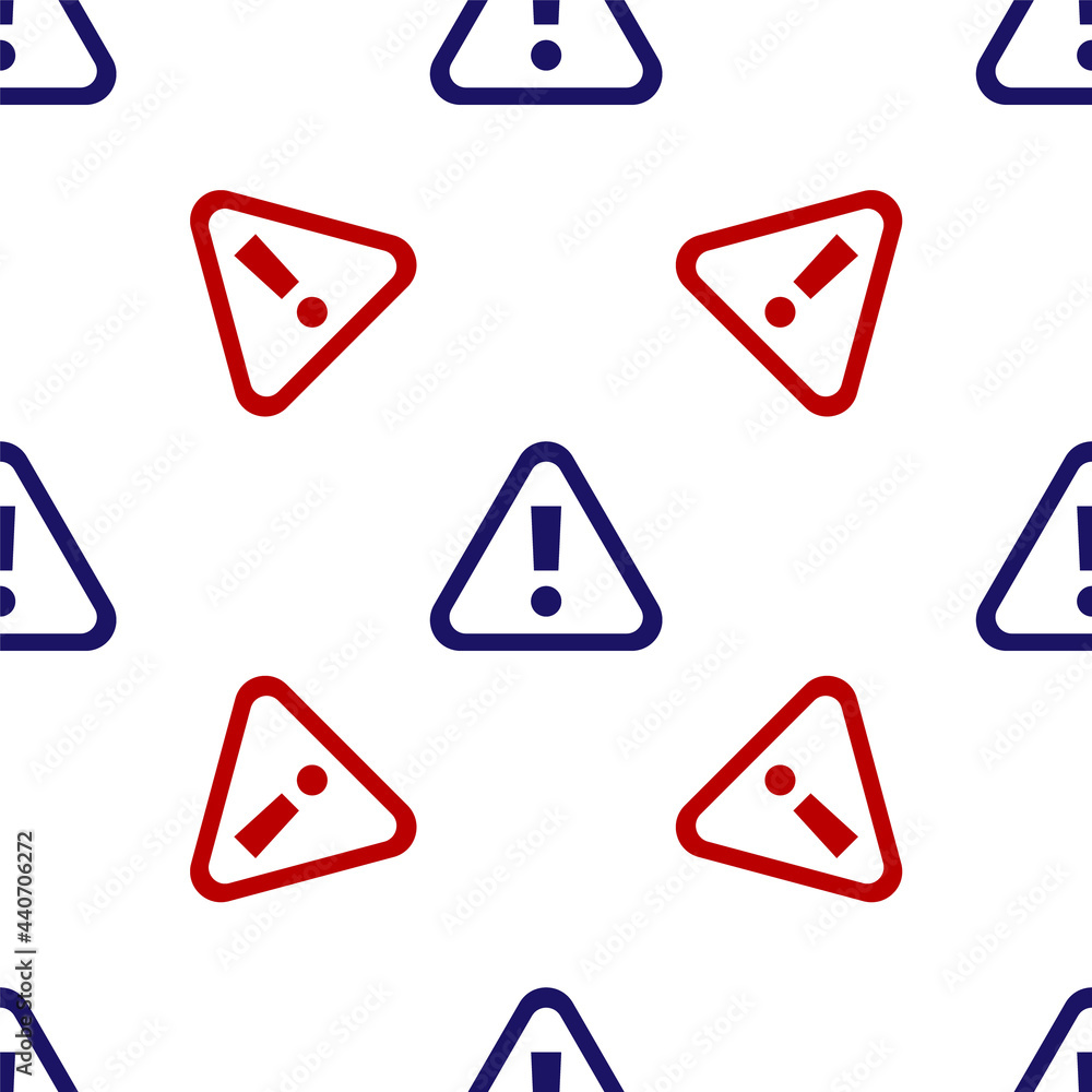 Poster blue and red exclamation mark in triangle icon isolated seamless pattern on white background. hazard