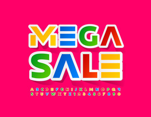 Vector colorful Poster Mega Sale. Sticker style Font. Creative Alphabet Letters and Numbers set