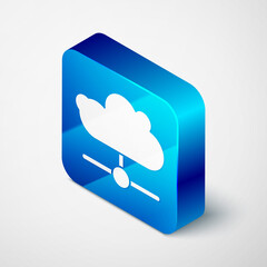 Isometric Network cloud connection icon isolated on grey background. Social technology. Cloud computing concept. Blue square button. Vector