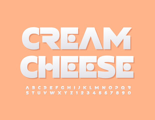 Vector delicious emblem Cream Cheese. White creative Alphabet Letters and Numbers. Minimalistic modern Font