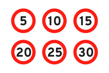 Speed limit 5,10,15,20,25,30 round road traffic icon sign flat style design vector illustration set isolated on white background. Circle standard road sign with number kmh. - obrazy, fototapety, plakaty