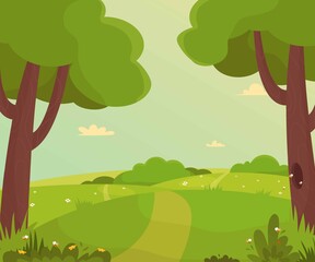 beautiful landscape. glade with hills. flowers grow and bees fly. vector illustration in cartoon style.