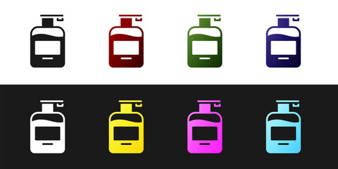 Set Bottle of liquid antibacterial soap with dispenser icon isolated on black and white background. Antiseptic. Disinfection, hygiene, skin care. Vector
