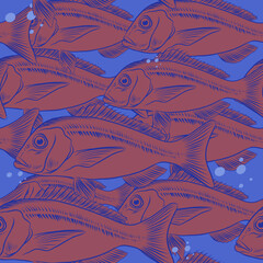 Seamless vector pattern with animals under water. deep blue line on a blue background and burgundy fish, line art. Kitchen design with seafood for paper, texture, fabrics. tablecloth, curtain
