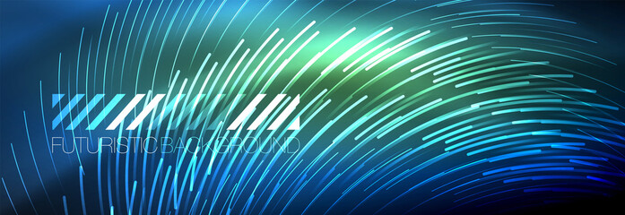 Neon glowing lines, magic energy and light motion background. Vector wallpaper template