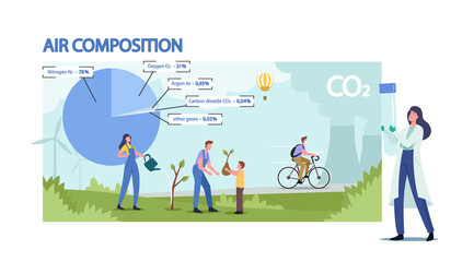 Atmospheric Air Composition Ecological Concept. Tiny Male and Female Characters at Huge Pie Chart with Gases or Elements