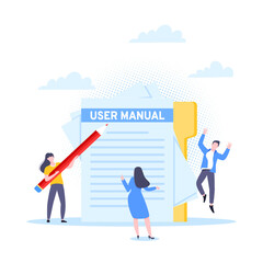 User manual guide book flat style design vector illustration. Tiny people and giant pencil working together with guide book. Specifications user guidance document.