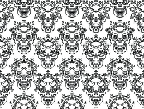 Stylish party pattern with hand drawn human skulls with different ornaments. Line drawn illustration