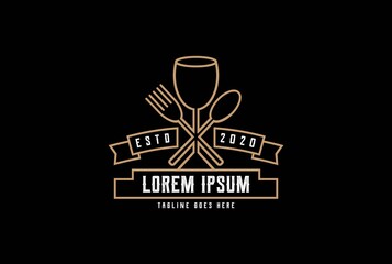 Elegant Wine Glass Spoon Fork Restaurant Vintage Retro Bar Bistro with Ribbon Logo design vector