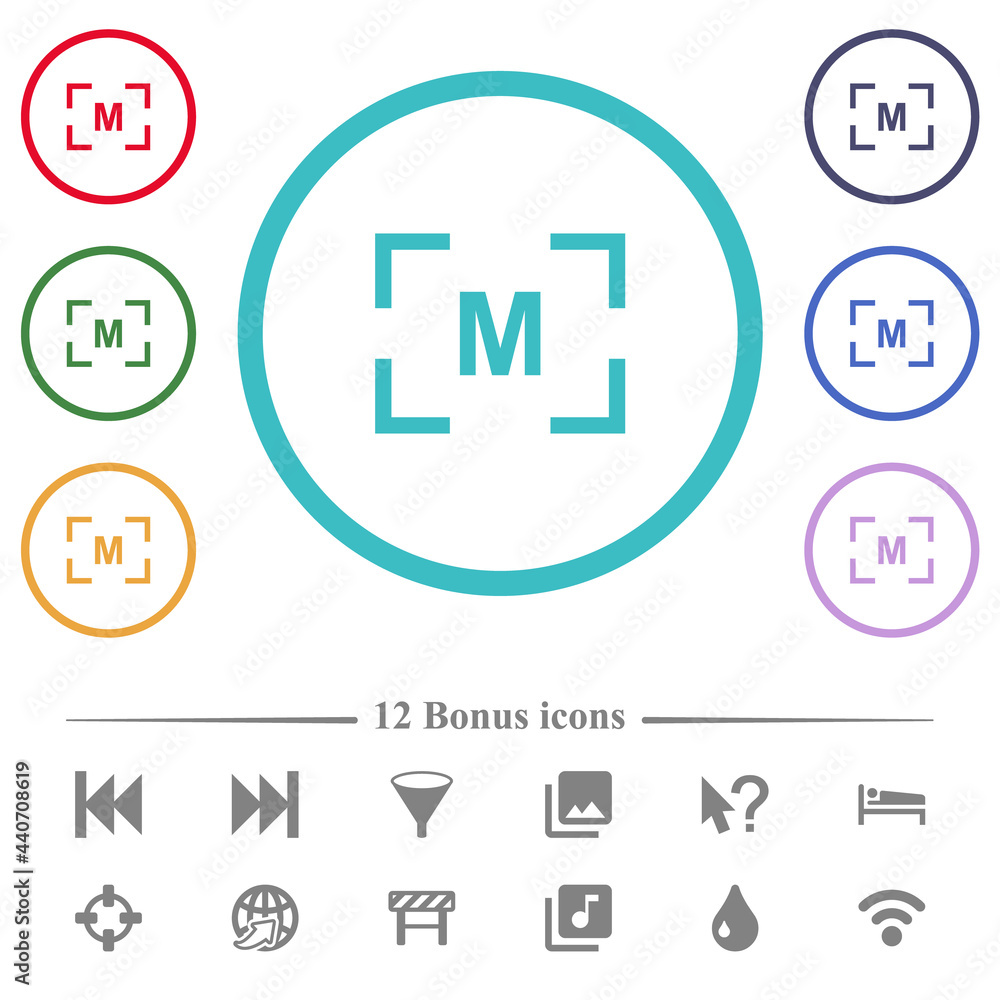 Poster camera manual settings mode flat color icons in circle shape outlines