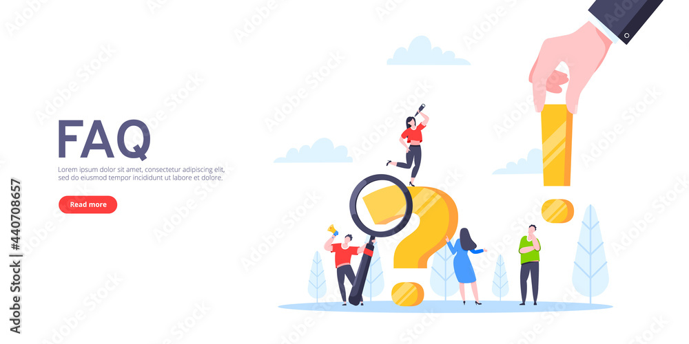 Poster q and a or faq concept with tiny people characters, big question and exclamation mark, frequently as