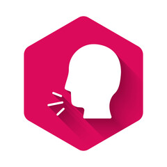 White Man coughing icon isolated with long shadow. Viral infection, influenza, flu, cold symptom. Tuberculosis, mumps, whooping cough. Pink hexagon button. Vector..