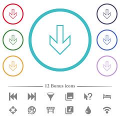 Down arrow outline flat color icons in circle shape outlines