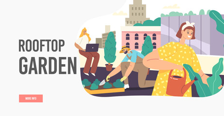 Characters Care of Rooftop Garden Landing Page Template. Gardening Landscaping, Roof Greening. People Planting Seedlings