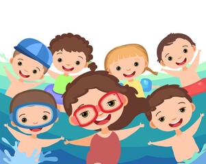 Children fun and splashing in water. Waves. Swimming, diving and water sports. Pool or beach. Isolated on white background. Illustration in cartoon style. Flat design. Vector art