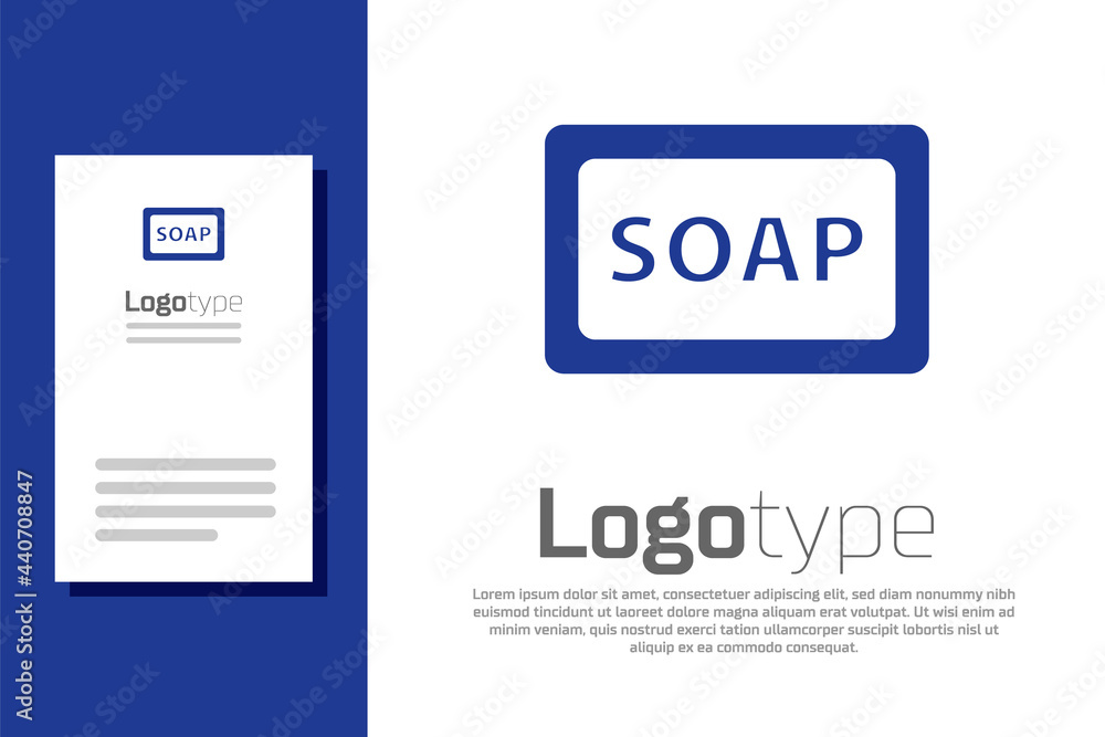 Poster blue bar of soap icon isolated on white background. soap bar with bubbles. logo design template elem
