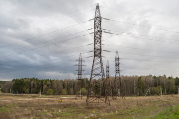 High voltage poles of power transmission line supports carry electricity.