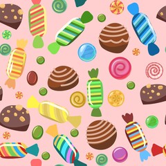 Sweets with hazelnuts. Nuts. Assorted chocolate dessert. Candy caramel wrapped. Seamless pattern. Flat background illustration. Vector
