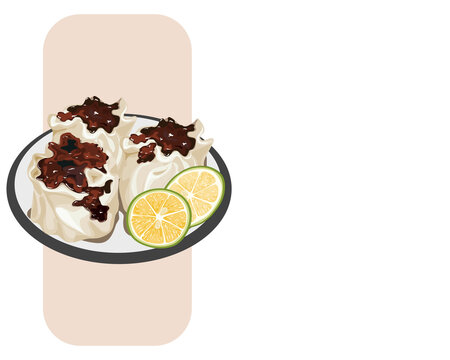 siomai sa tisa, steamed Chinese pork dumplings in a white plate. Isolated steamed dumplings on white background. Close up asian food hand drawing vector illustration.