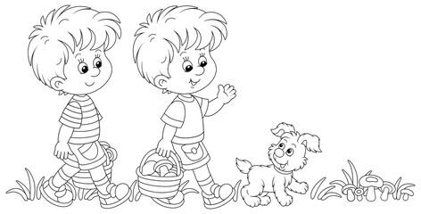 Little kids mushroomers and their merry pup walking with baskets and gathering mushrooms in a summer forest, black and white outline vector cartoon illustration for a coloring book page