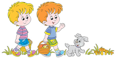 Little kids mushroomers and their merry pup walking with baskets and gathering mushrooms in a summer forest, vector cartoon illustration isolated on a white background