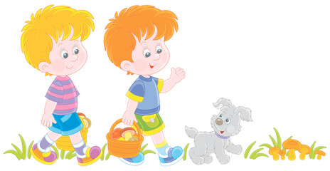Little kids mushroomers and their merry pup walking with baskets and gathering mushrooms in a summer forest, vector cartoon illustration isolated on a white background