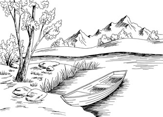 River boat graphic black white landscape sketch illustration vector 