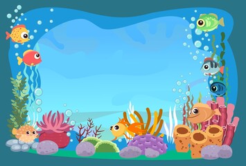 The bottom of the reservoir with fish. Blue water. Sea ocean. Underwater landscape with animals, plants, algae and corals. Illustration in cartoon style. Flat design. Vector art