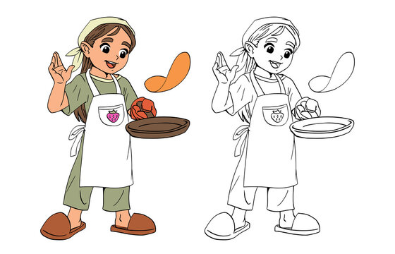 Girl chef prepares pancakes food in a frying pan. Set of black line and painted chef character. A child in a chef s hat. Realistic illustration. Vector in cartoon childish style. Isolated