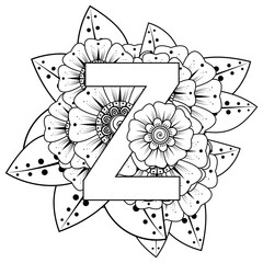 Mehndi flower for henna, mehndi, tattoo, decoration. decorative ornament in ethnic oriental style. doodle ornament. outline hand draw illustration. coloring book page.