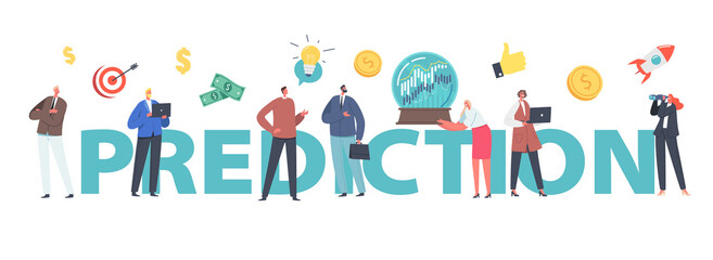 Fototapeta premium Business Prediction, Forecast of Market Trends. Tiny Business Characters at Huge Crystal Globe Trying to Predict Stock