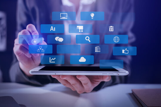 Businesswoman modern technology Close up typing on tablet work from home using tablet computer graphics icon small business owner freelance innovative skill independent planning thinking ideas