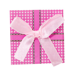 gift box with pink bow and long ribbon isolated on white background.