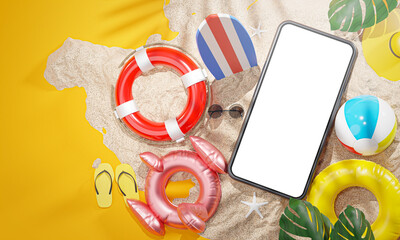 Phone Mockup Between Summer Beach Accessories Yellow Background 3D Rendering © natanaelginting