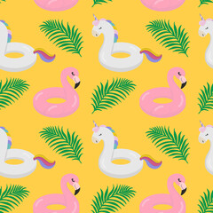 Fototapeta premium Beautiful seamless tropical pattern with Inflatable ring object with cute flamingo and unicorn shaped on a yellow background. Abstract summer texture. Design for fabric, wallpaper, textile and decor.