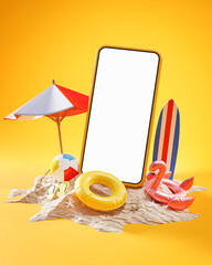 Mockup Phone Summer Holiday Concept Yellow Background 3D Rendering - 440710868