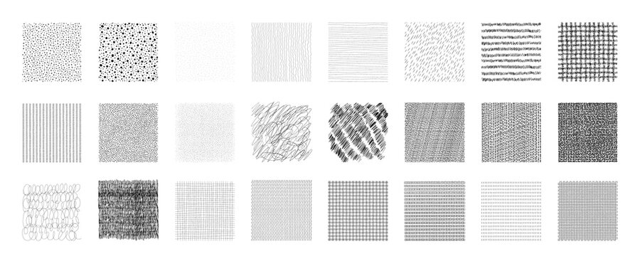 Set of black vector illustrations of abstract hand drawn square textures for backgrounds and design elements. Lines, dots, scribbles, waves, circles. Isolated on white background.