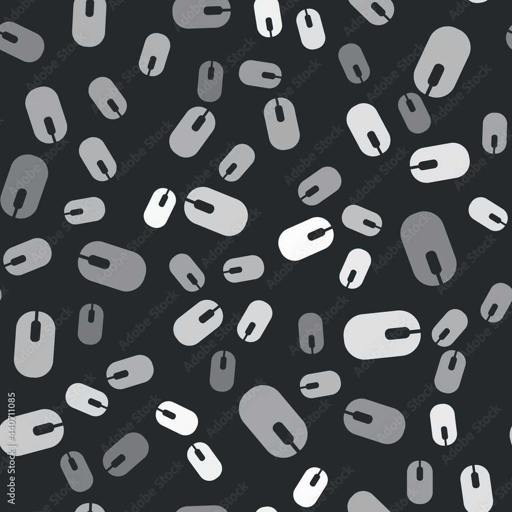 Poster grey computer mouse icon isolated seamless pattern on black background. optical with wheel symbol. v