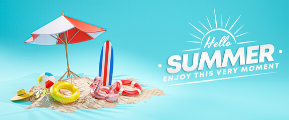 Hello Summer Design Banner Vacation Concept. Beach Umbrella Blue Backdground 3D Rendering - obrazy, fototapety, plakaty