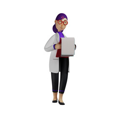 Smiley 3D Cartoon Female Doctor checking a patient record