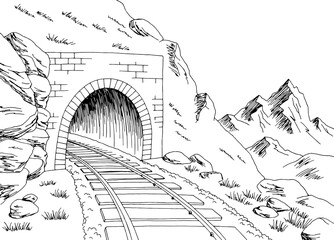 Train tunnel mountain railroad graphic black white landscape sketch illustration vector  - obrazy, fototapety, plakaty