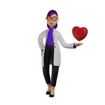  3D Cartoon Female Doctor Illustration with big red heart