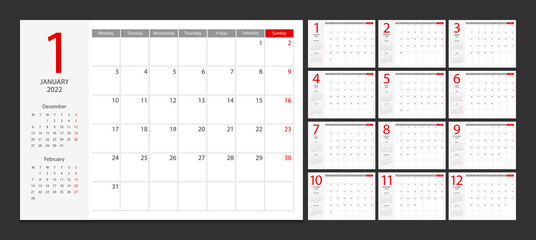 Calendar 2022 week start Monday corporate design planner template.	