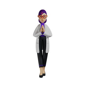 Female Doctor 3D Cartoon Illustration clasped her hands